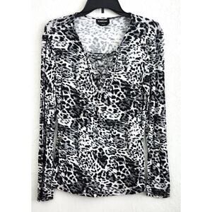 TOP/BLOUSE-BEBE-Black White Gray-Animal Print-Front Lace Up-Long Sleeves-LRG